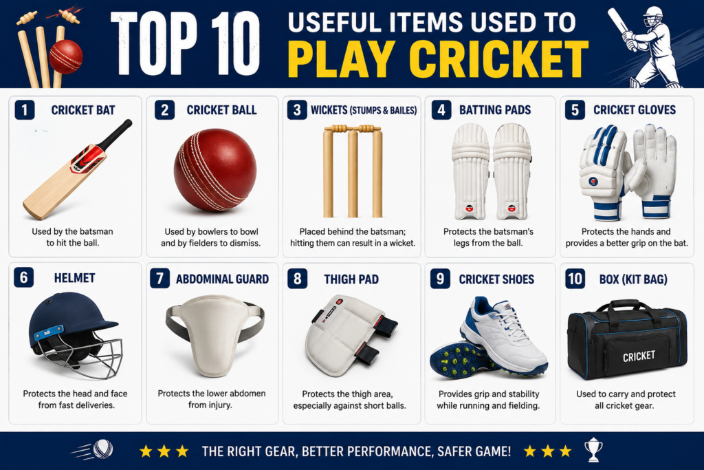 useful items used to play cricket